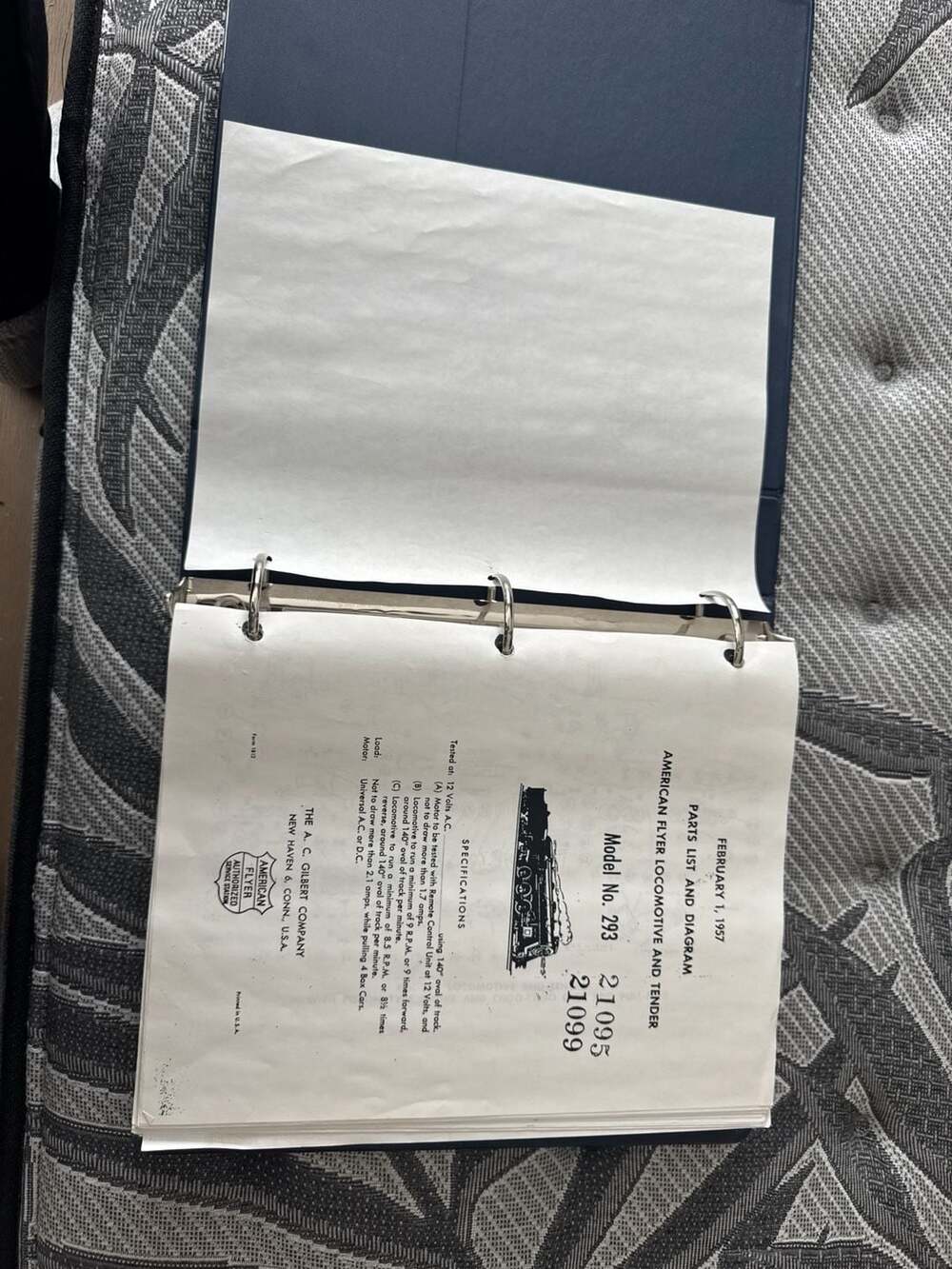 Vintage 1957 American Flyer 293 21095 21099 Locomotive Parts List and Diagram